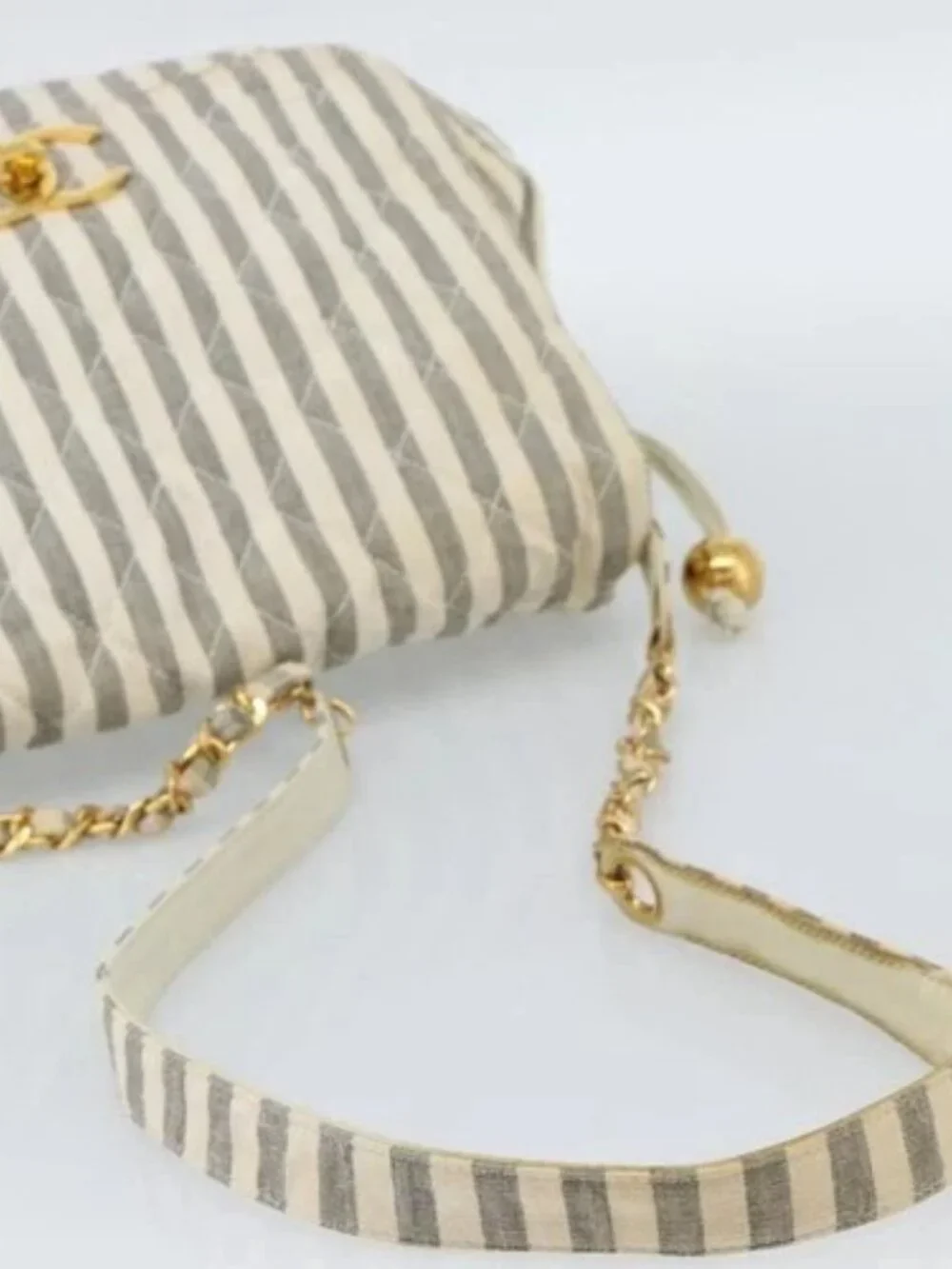 CHANEL Striped Matelasse Chain Shoulder Bag Canvas White Gray CC Auth bs3642 - Picture 6 of 16